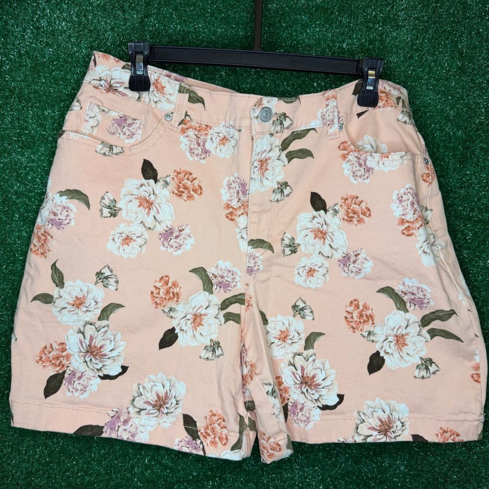 Gloria Vanderbilt Amanda Peach Floral Denim Shorts Women's Size 14 Cottagecore
